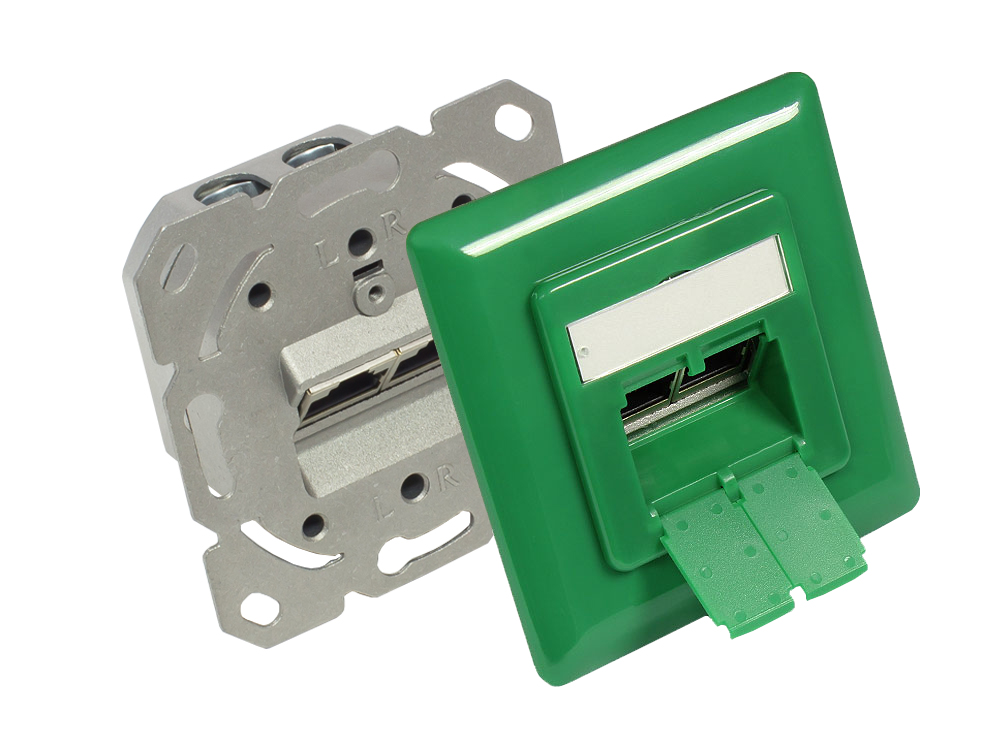 Netzwerkdose Cat. 6A, 2xRJ45, geschirmt, Unterputzdose, inkl. Zentralstück und Abdeckrahmen, signalgrün RAL6032, Good Connections