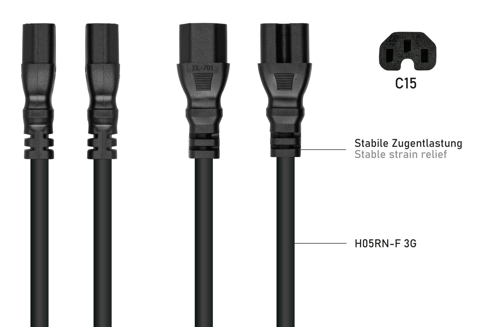 kabelmeister® Kaltgeräte-Warmgeräte-Verbindungskabel C14 (gerade) an C15 (gerade), schwarz, 1,00mm², 2m
