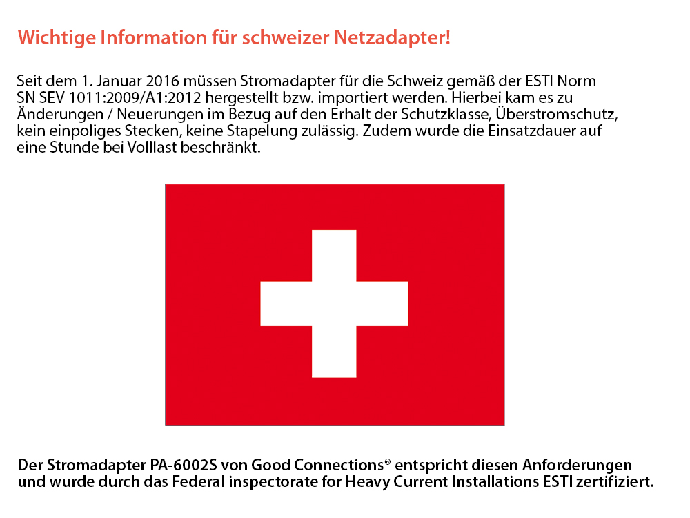 Stromadapter Schweiz Netz-Stecker (SEV1011, gerade) an Schutzkontakt-Buchse Typ F, SEV, schwarz, Good Connections®