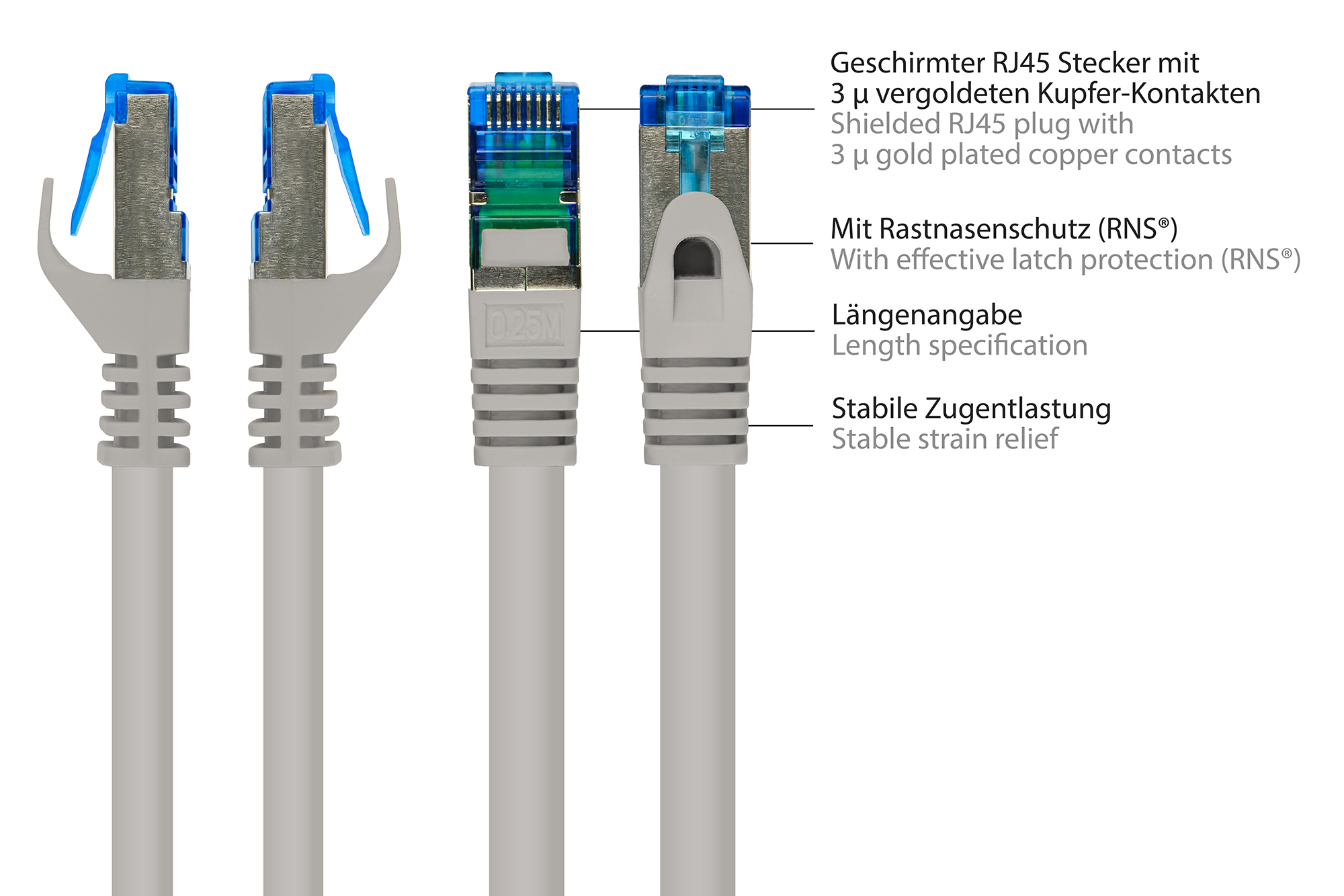 RNS® Patchkabel mit Rastnasenschutz, Cat. 6A, S/FTP, PiMF, halogenfrei, 500MHz, grau, 0,5m, Good Connections®