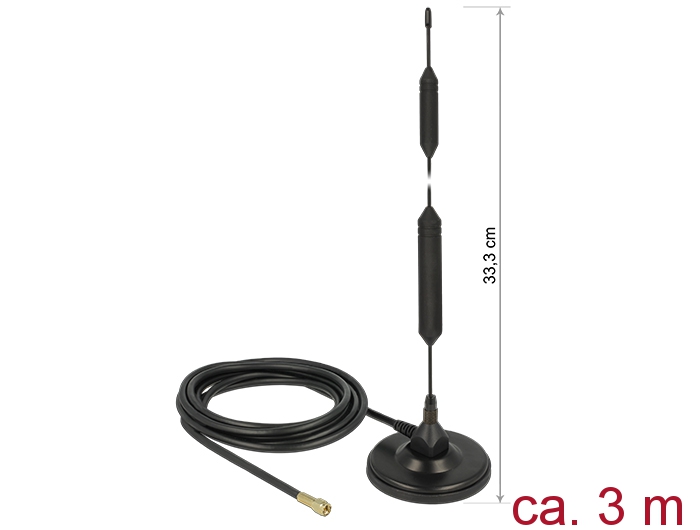 GSM Antenne SMA Stecker 5dBi starr omnidirektional, magnetischer Standfuß, Anschlusskabel (RG-58, 3m), outdoor schwarz, Delock® [12418]