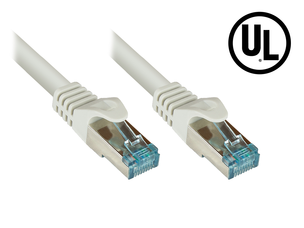 RNS® Patchkabel Cat.6A, mit Messprotokoll + Serien-Nr., S/FTP, PiMF, halogenfrei (LSZH), 500MHz, 10Gbit/s, UL, grau, 7,5m, Good Connections®