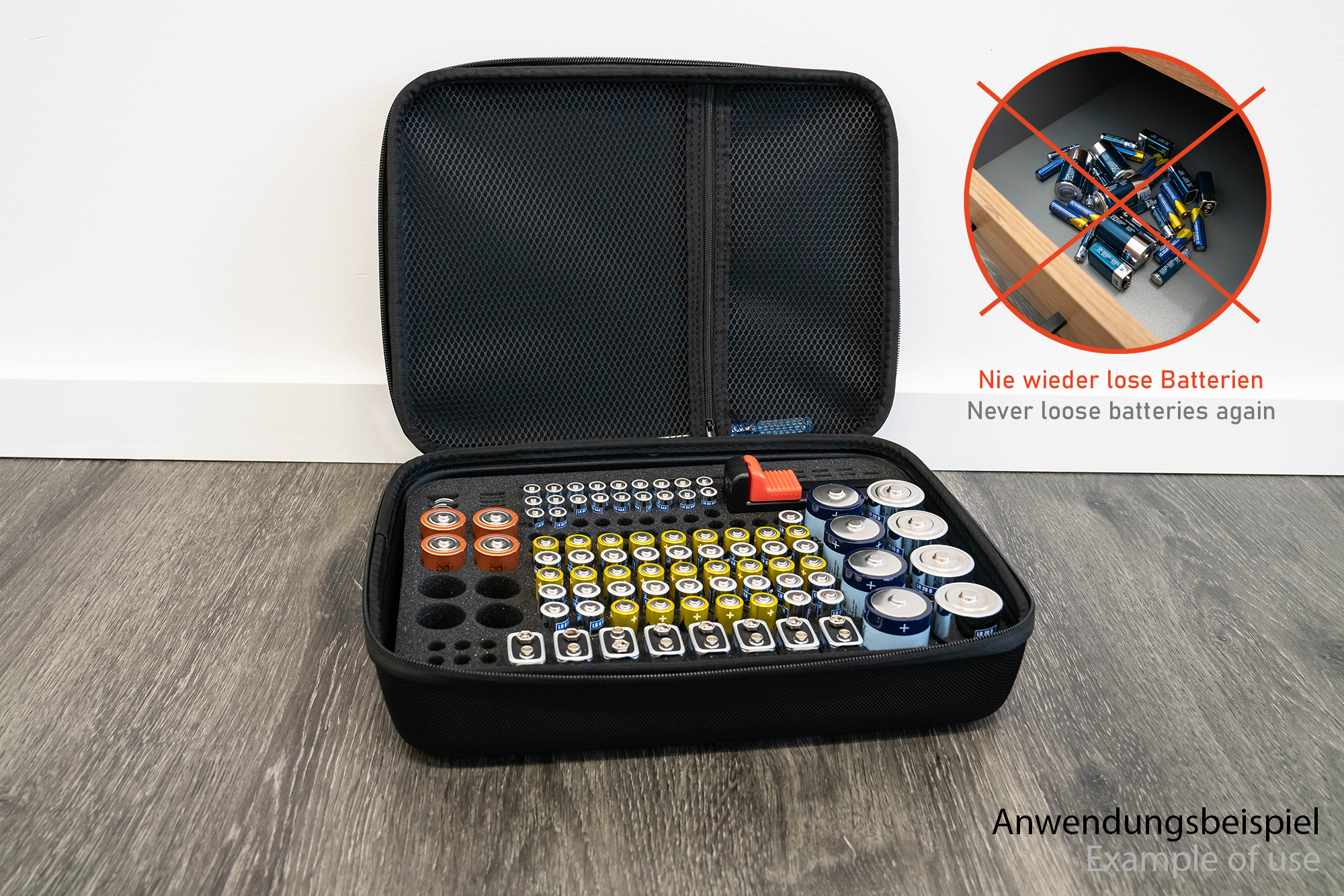 kabelmeister® Batterie Case - Praktische Aufbewahrungstasche für Batterien und Akkus, inkl. Tester