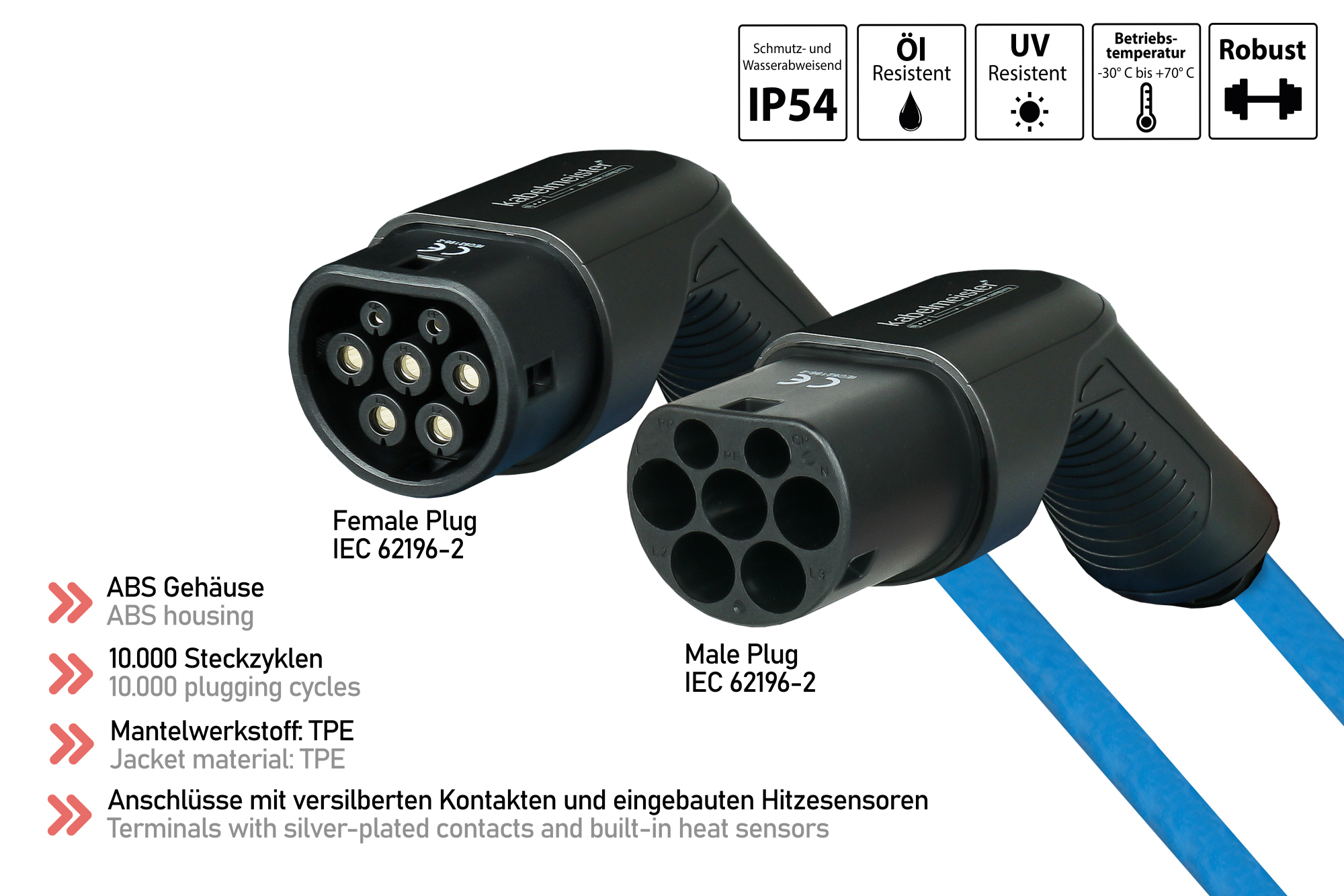 kabelmeister® Typ 2 Ladekabel für Elektro- und Hybridfahrzeuge, 3-phasig, 32 A, 22 kW, blau, 5m