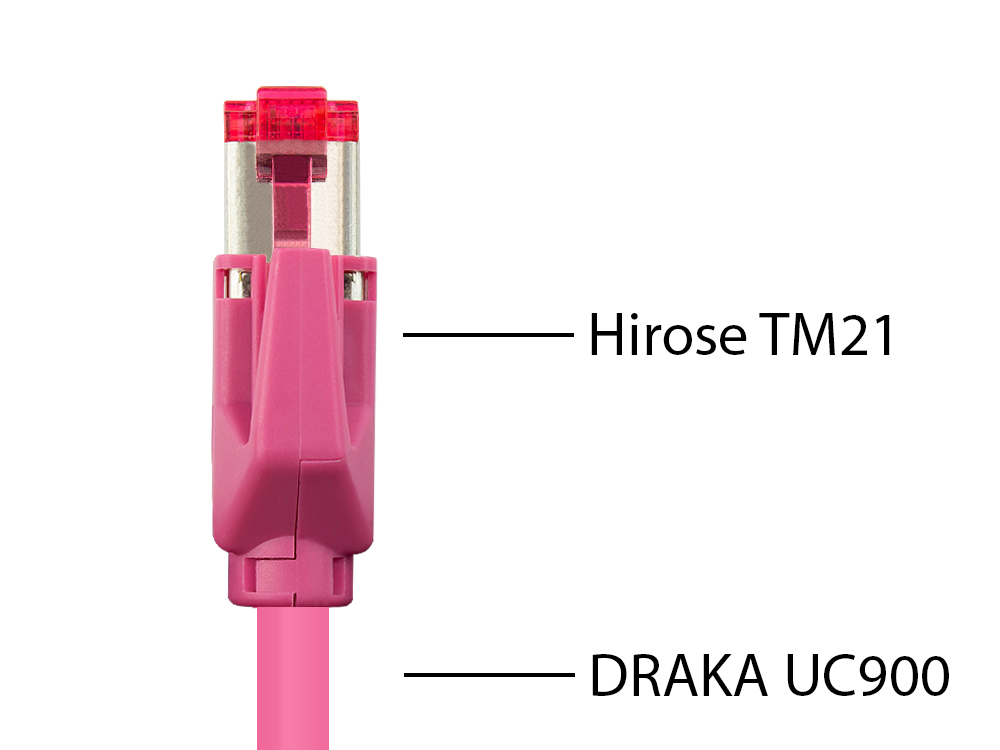 Patchkabel mit Cat. 7 Draka UC900 Rohkabel (900MHz) und Hirose TM21 Stecker (250MHz) beidseitig, S/FTP, PiMF, halogenfrei (LSZH), KUPFER, magenta, 27m