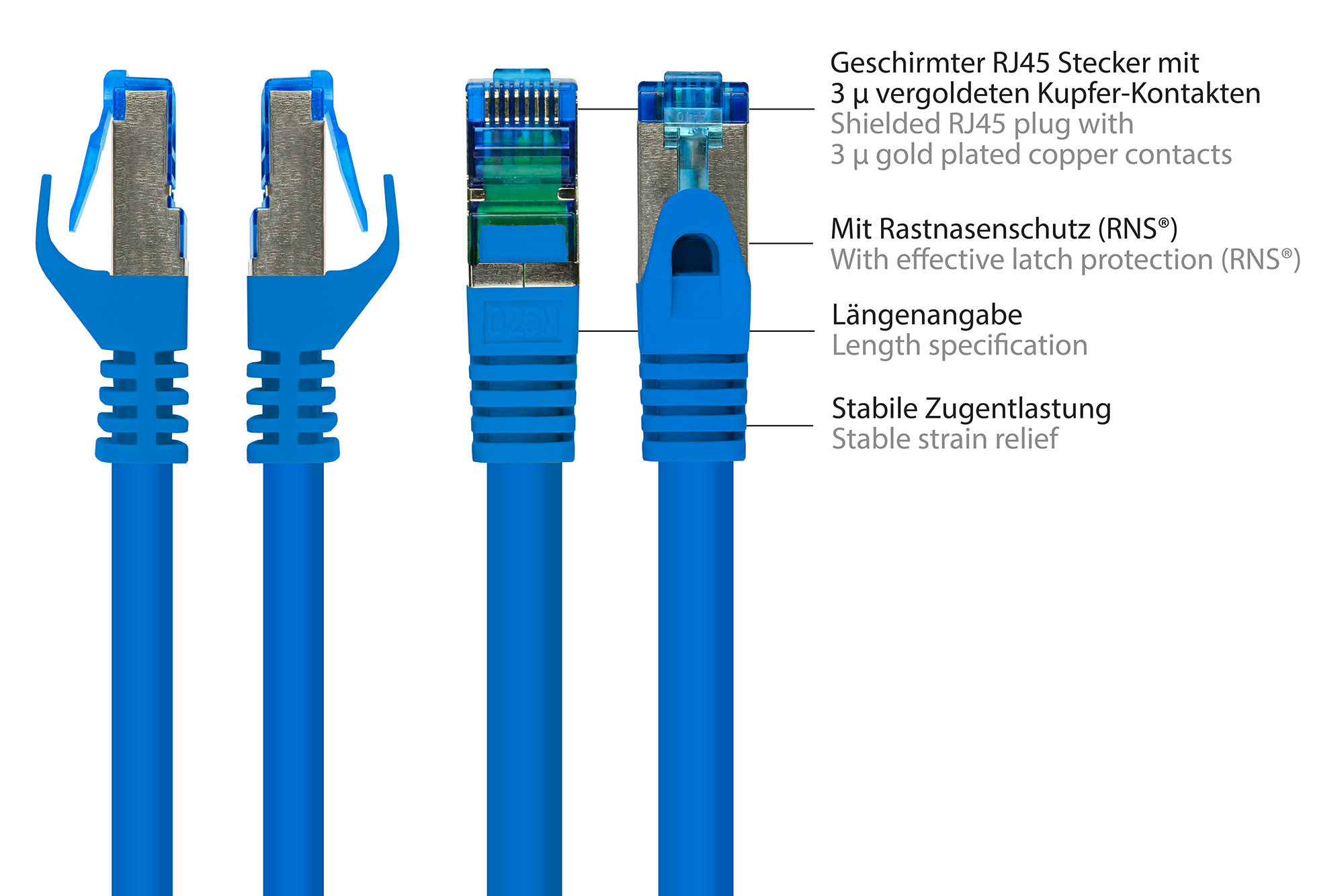RNS® Patchkabel mit Rastnasenschutz, Cat. 6A, S/FTP, PiMF, halogenfrei, 500MHz, blau, 15m, Good Connections®