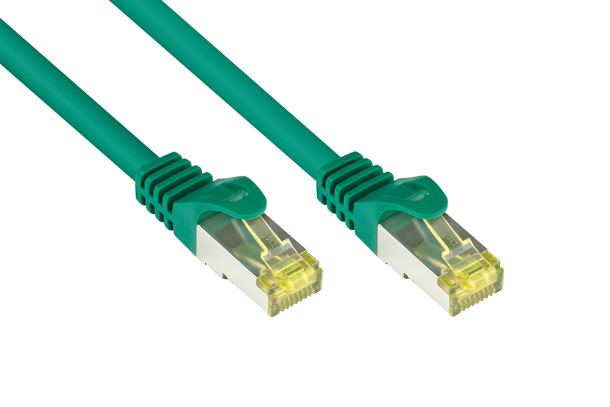 RJ45 Patchkabel mit Cat. 7 Rohkabel und Rastnasenschutz (RNS®), S/FTP, PiMF, halogenfrei, 500MHz, OFC, grün, 0,5m, Good Connections®