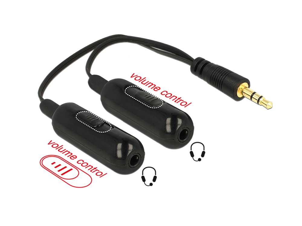 Adapterkabel Klinke Splitter Stecker 3,5mm 3 Pin an 2x Buchse 3,5mm 3 Pin + Lautstärkeregler, schwarz, 0,19m, Delock® [65683]