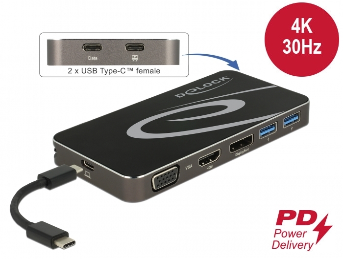 USB Type-C™ 3.2 Dockingstation 4K HDMI + DP / 1080p VGA, USB Hub und PD 3.0, Delock® [87773]