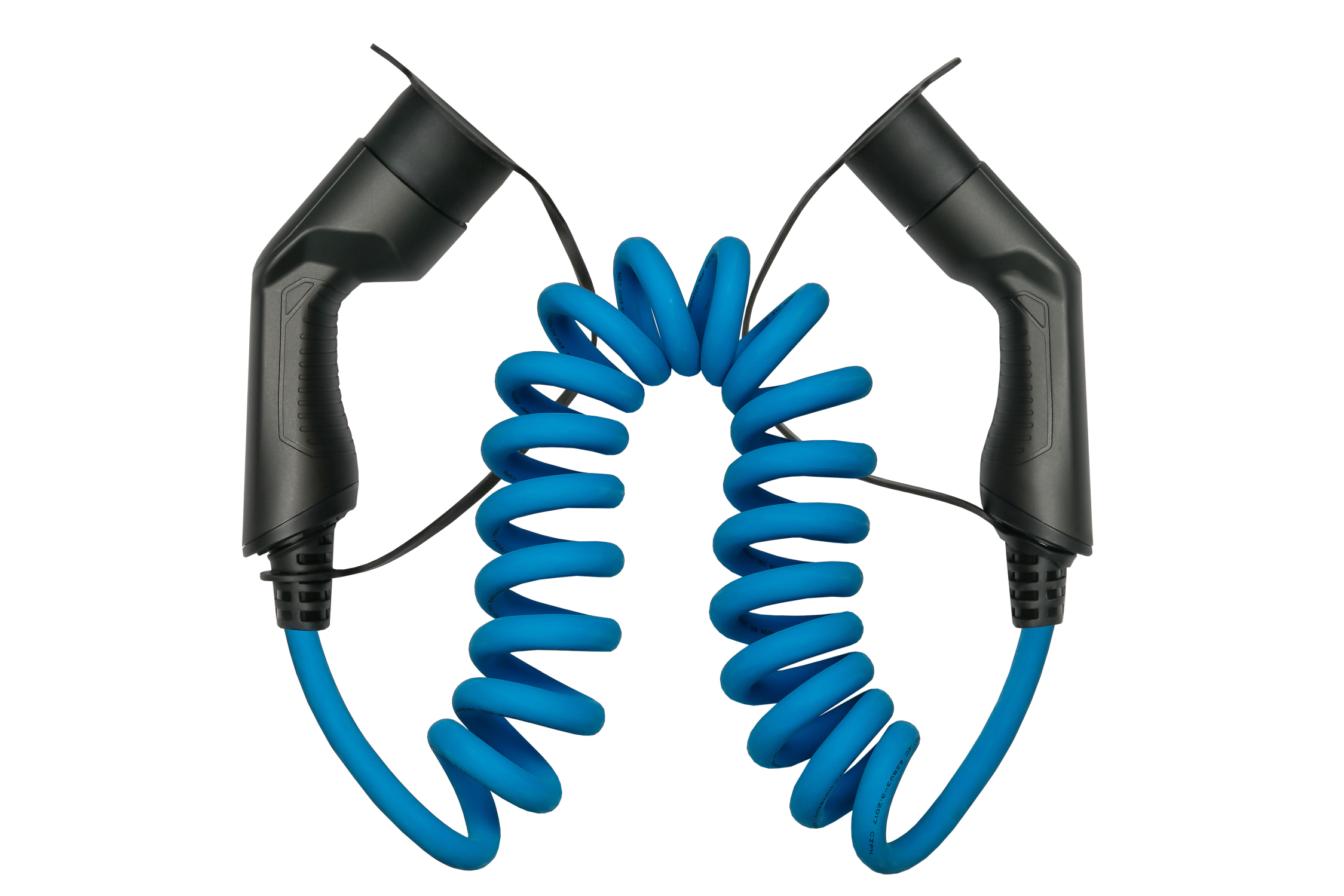 kabelmeister® Typ 2 Ladekabel für Elektro- und Hybridfahrzeuge, 3-phasig, 32 A, 22 kW, Spiralkabel, blau, 5m