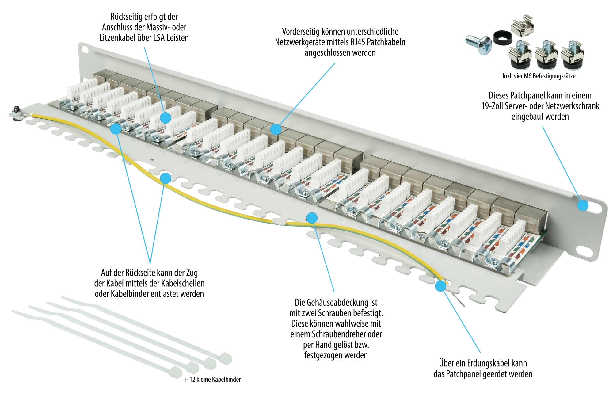 Patchpanel 19" Cat. 6A, 24-Port, 1 HE, STP geschirmt, werkzeugloses Öffnen, Lichtgrau (RAL7035), Good Connections®
