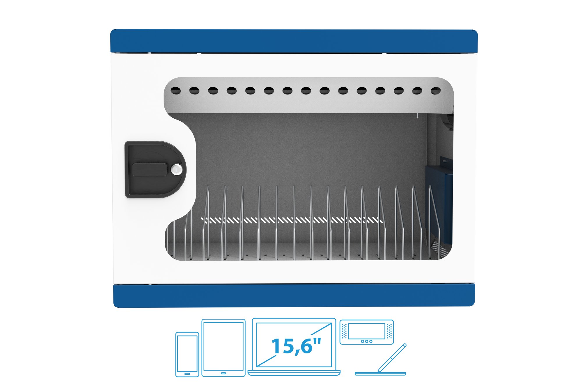 Good Connections® GEMMA N16 Notebook-Ladeschrank/-wagen für 16 Geräte, Schutzkontaktbuchsen, weiß/blau
