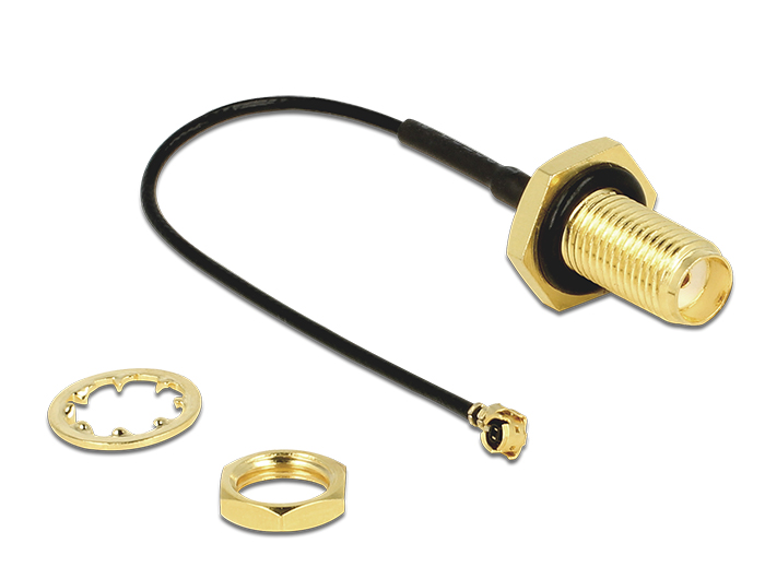 Antennenkabel SMA Buchse zum Einbau an MHF /U.FL-LP-068 kompatibler Stecker 100mm 1.13 Gewindelänge 10mm spritzwassergeschützt, Delock® [88965]