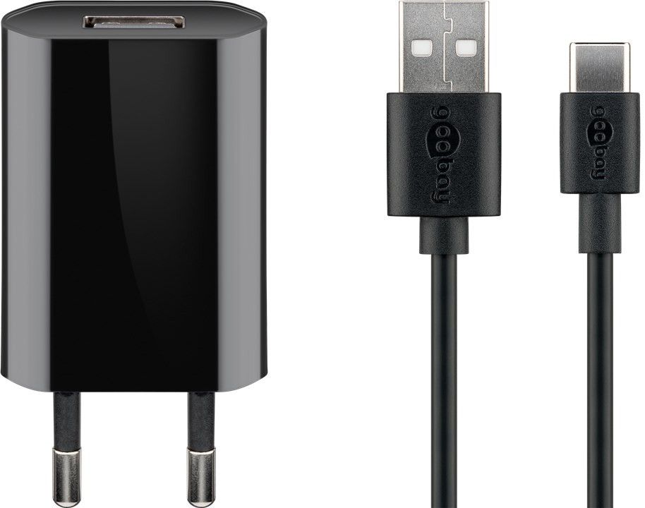 USB-Ladegerät, 1 Port, 1A, flache Bauform, inkl. Anschlusskabel USB Stecker A an USB-C™ Stecker, schwarz, 1m