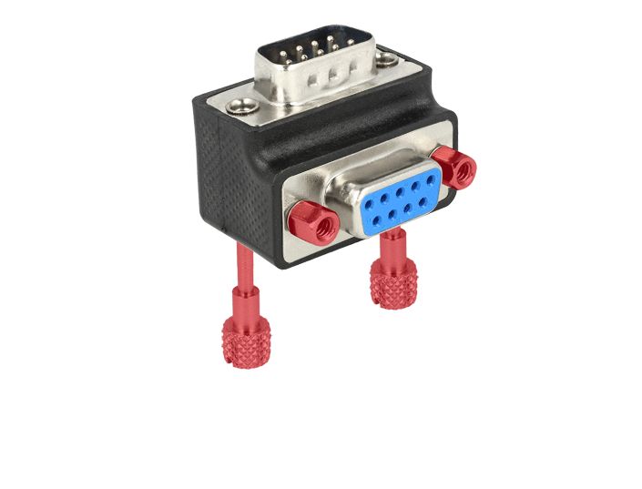 Adapter, Sub-D 9Pin Stecker an Buchse, 90° gewinkelt, Schraube/Mutter tauschbar, Delock® [65593]