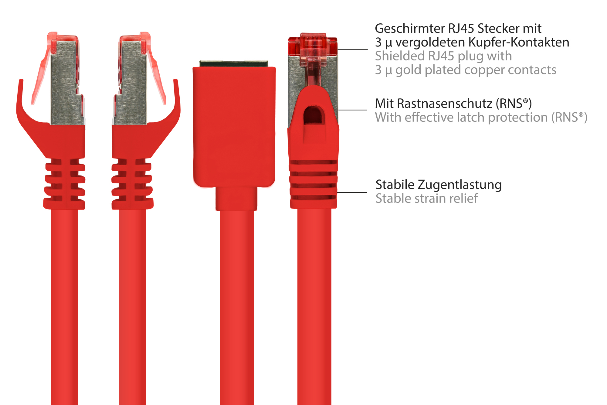 RNS® Patchkabelverlängerung mit Rastnasenschutz, Cat. 6, S/FTP, PiMF, PVC, 250MHz, OFC, CU, rot, 5m, Good Connections®