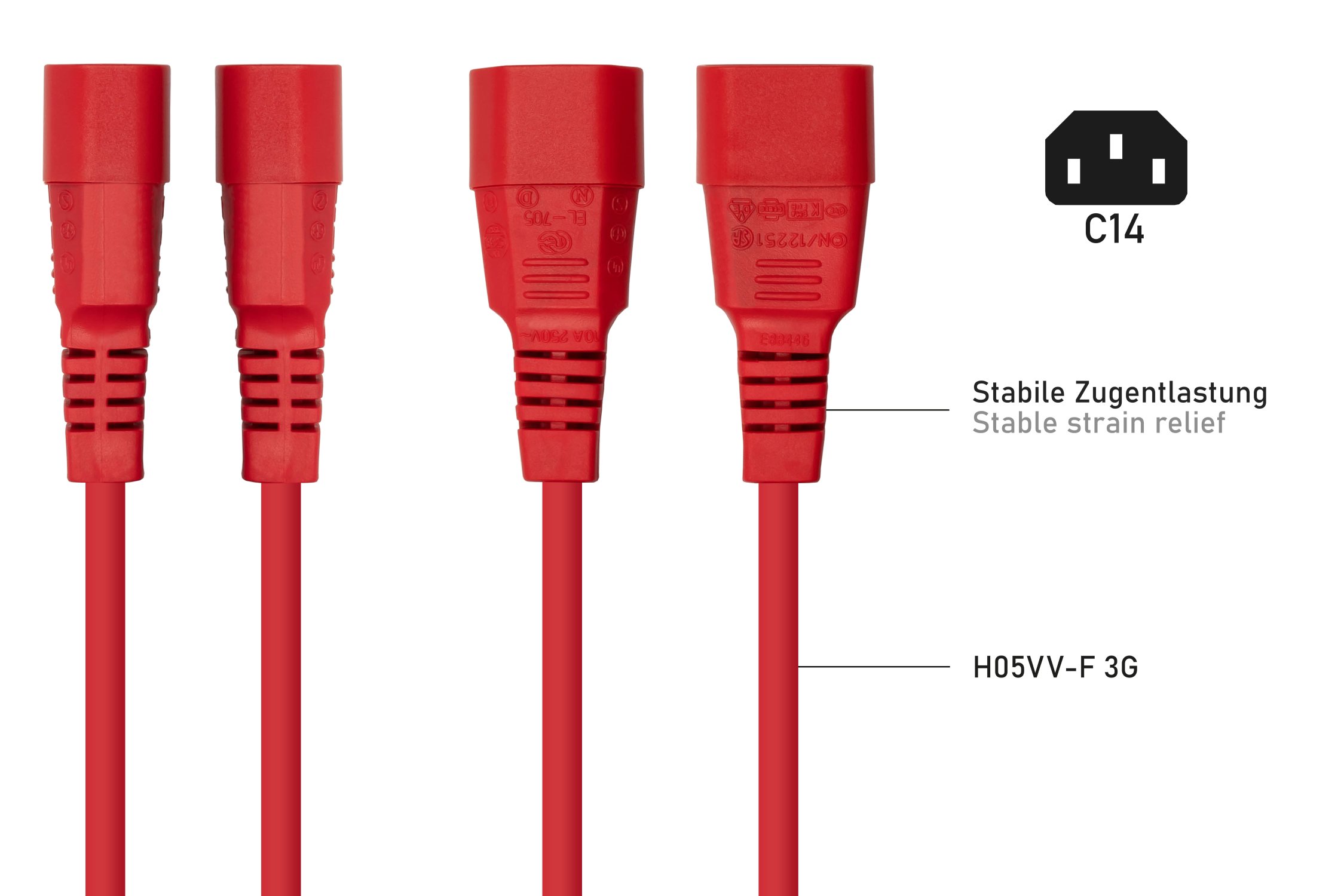 kabelmeister® Kaltgeräteverlängerung Kaltgeräte-Stecker C14 an Kaltgeräte-Buchse C13, rot, 1,00mm², 5m