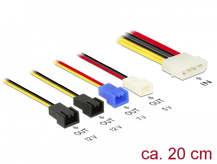 Kabel Stromversorgung Molex 4 Pin Stecker an 4x 2 Pin Lüfter (12 V / 7 V / 5 V), 0,2 m, Delock® [85516]
