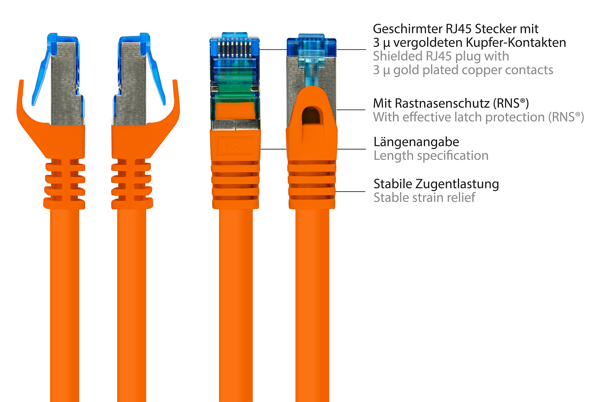 RNS® Patchkabel mit Rastnasenschutz, Cat. 6A, S/FTP, PIMF, halogenfrei, 500MHz, orange, 1m, Good Connections®