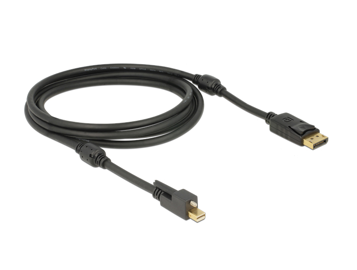 Kabel mini Displayport 1.2 Stecker mit Schraube an Displayport Stecker 4K schwarz 2m, Delock® [83722]