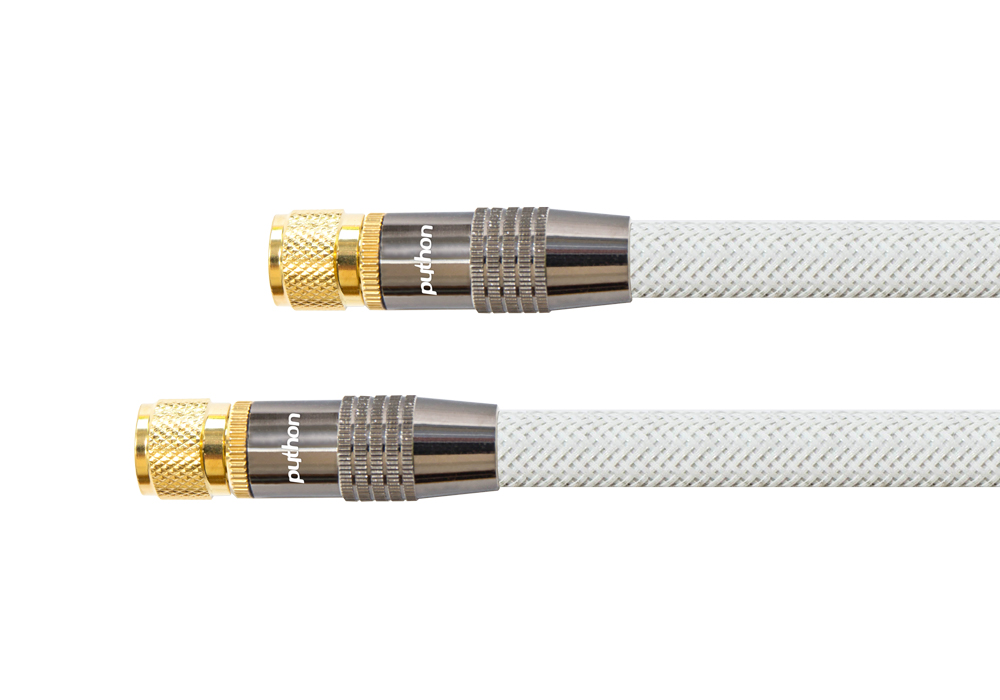 SAT Antennenkabel, F-Stecker an F-Stecker, vergoldet, vierfach geschirmt, 120 dB, 75 Ohm, Nylongeflecht, weiß, 2m, PYTHON® Series