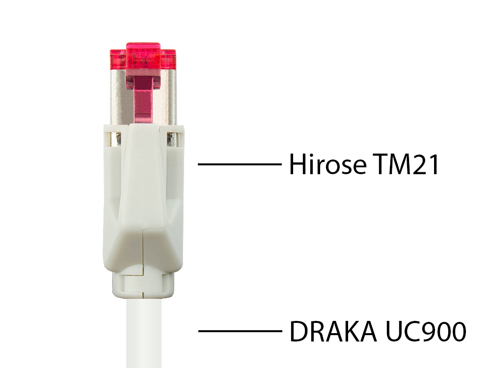 Patchkabel mit Cat. 7 Draka UC900 Rohkabel (900MHz) und Hirose TM21 Stecker (250MHz) beidseitig, S/FTP, PiMF, halogenfrei (LSZH), KUPFER, weiß, 22m