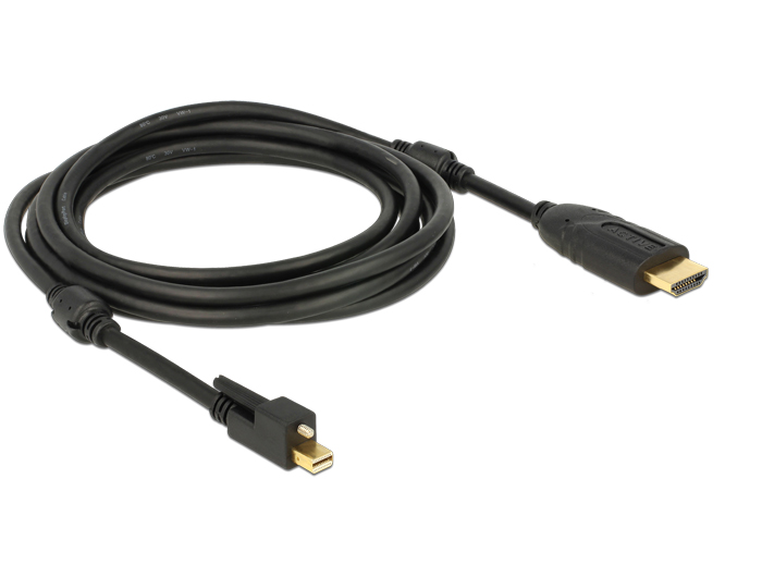 Kabel mini Displayport 1.2 Stecker mit Schraube an HDMI Stecker 4K Aktiv schwarz 3m, Delock® [83731]