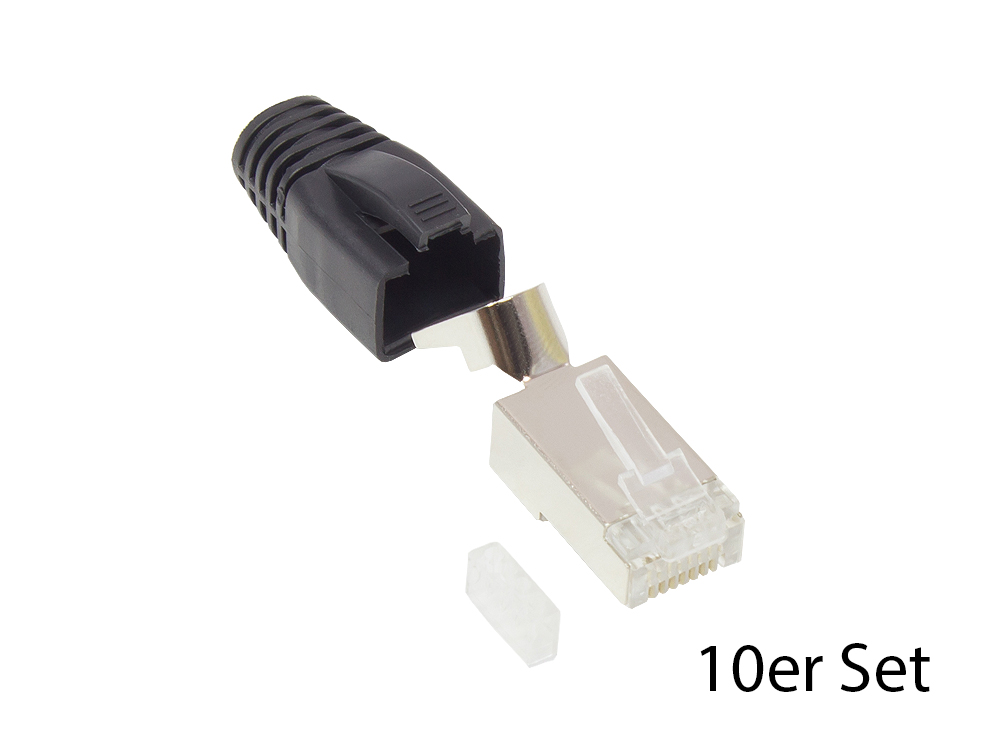 RJ45 Netzwerkstecker Cat.6A, geschirmt, für Cat.7, Cat.6A, Cat.6 Kabel, inkl. Zugentlastung und Einfädelhilfe, schwarz, 10er Set, Good Connections®