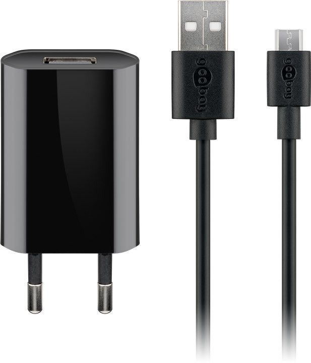 USB-Ladegerät, 1 Port, 1A, flache Bauform, inkl. Anschlusskabel USB Stecker A an Stecker Mirco B, schwarz, 1m