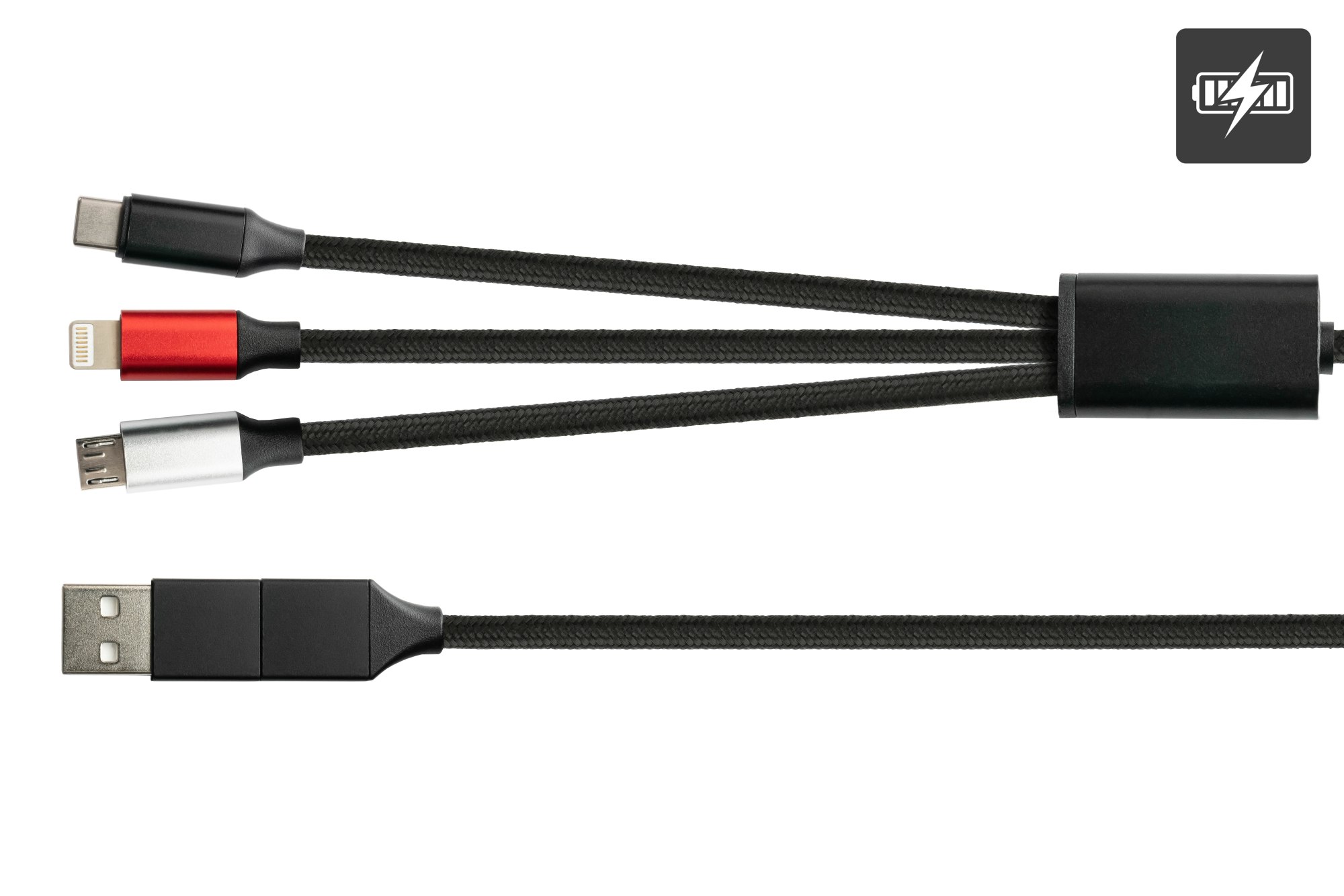 USB 6-in-1 Ladekabel, USB-A und USB-C™ an USB-C™ / USB Micro B / Lightning™, 3A, Textilmantel, schwarz, 1,2m, PYTHON® Series