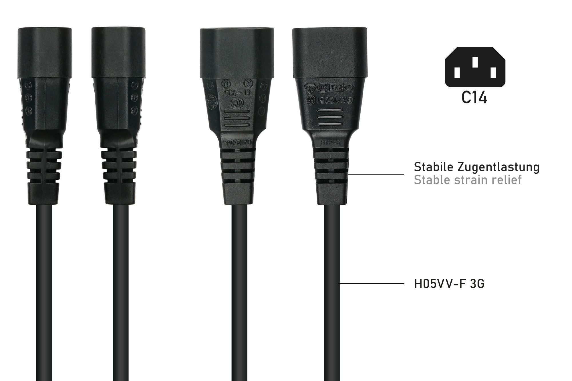 kabelmeister® Kaltgeräteverlängerung Kaltgeräte-Stecker C14 (gerade) an Kaltgeräte-Buchse C13 (gerade), schwarz, 0,75mm², 2m