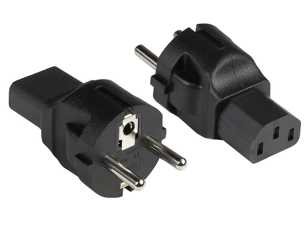 Stromadapter Schutzkontakt-Stecker Typ E+F (CEE 7/7, gerade) an Kaltgeräte-Buchse C13 (gerade), schwarz, Good Connections®