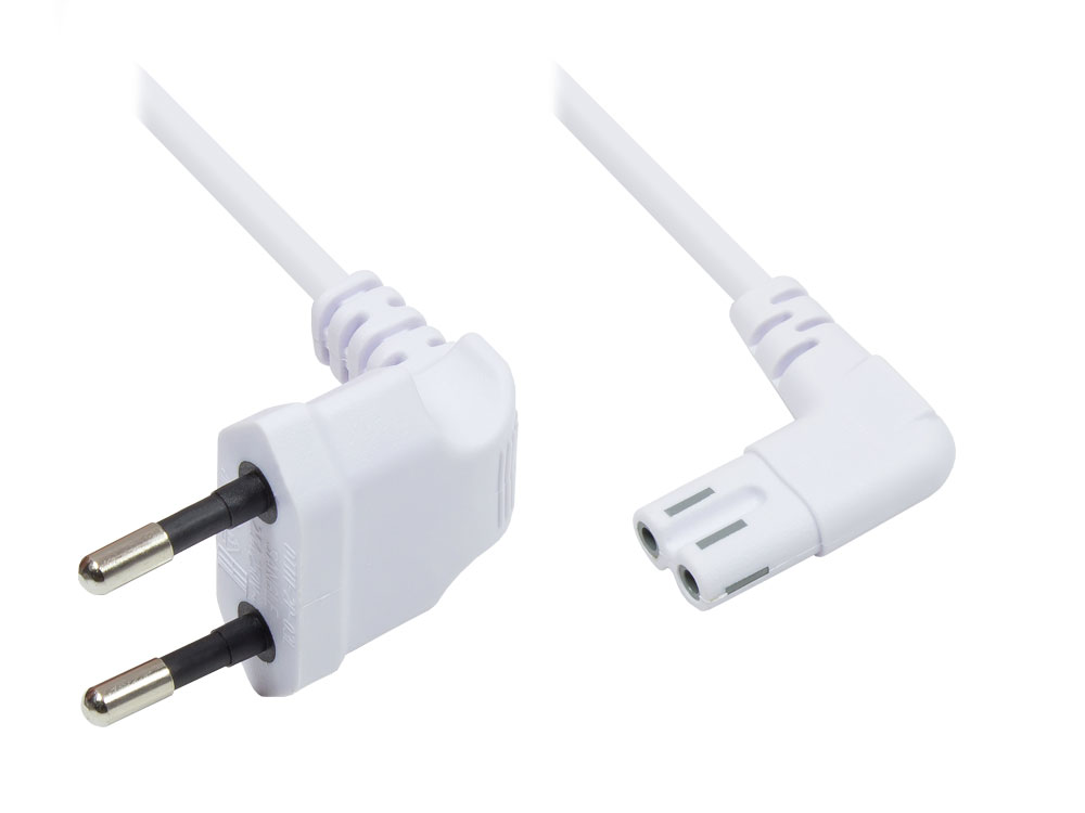 Euro-Netzkabel, Netzstecker an Euro 8 Buchse, beidseitig 90° abgewinkelt, weiß, 2m, Good Connections®