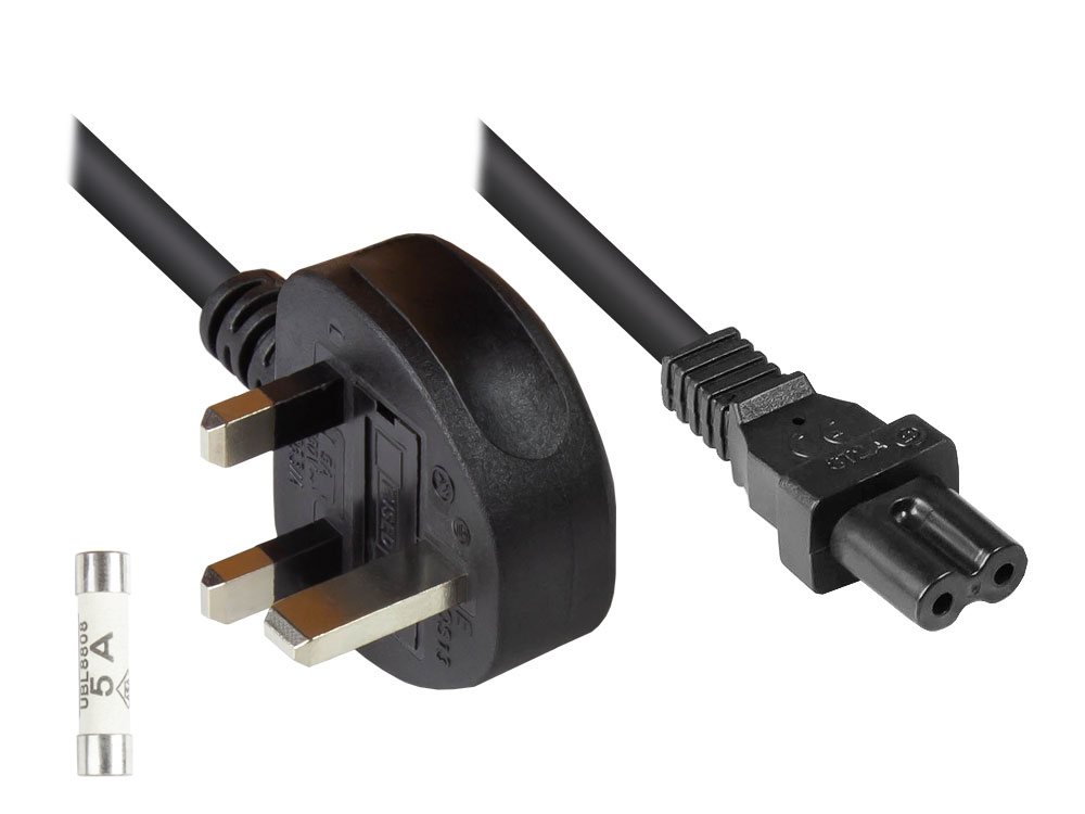 Netzkabel England/UK Netz-Stecker Typ G (BS 1363) an C7/Euro 8 Buchse (gerade), 5A Sicherung, schwarz, 0,75 mm², 1,8 m, Good Connections®