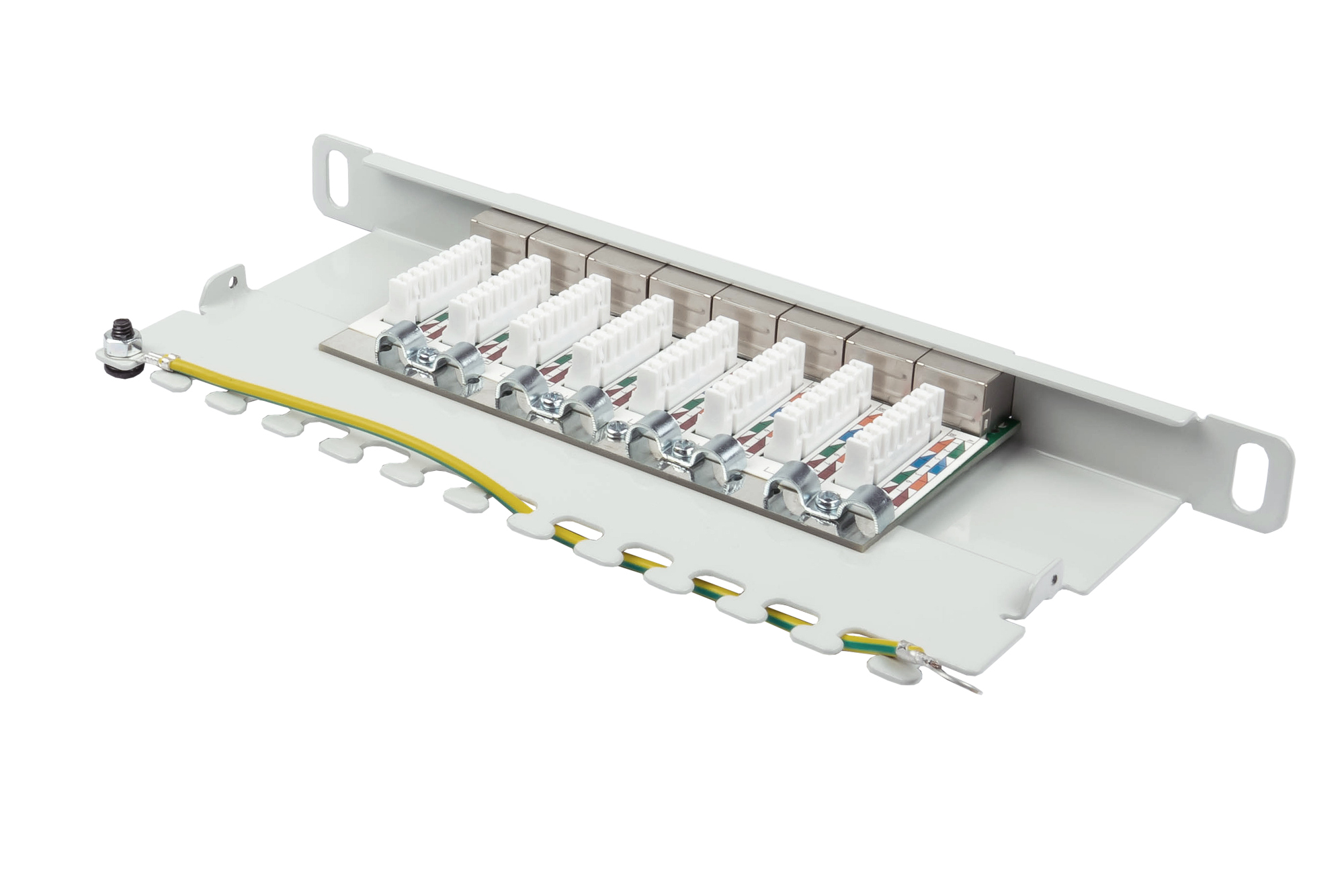 Patchpanel 10" Cat. 6A, 8-Port, 0,5 HE, STP geschirmt, werkzeugloses Öffnen, Lichtgrau (RAL7035), Good Connections