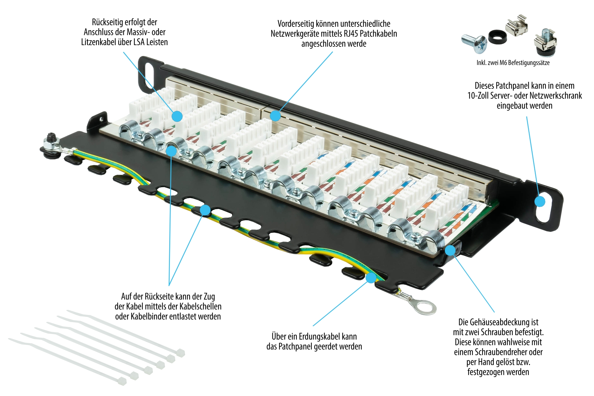 Patchpanel 10" Cat. 6, 12-Port, 0,5 HE, STP geschirmt, werkzeugloses Öffnen, Tiefschwarz (RAL9005), Good Connections®