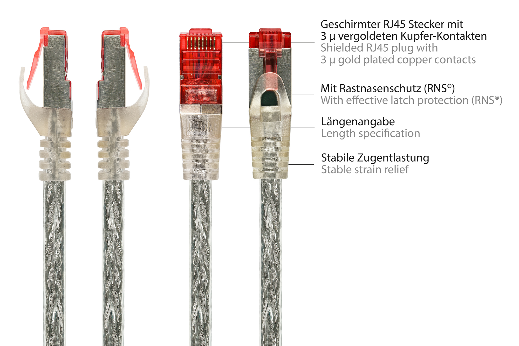 RNS® Patchkabel mit Rastnasenschutz, Cat. 6, S/FTP, PiMF, PVC, 250MHz, transparent, 0,5m, Good Connections®