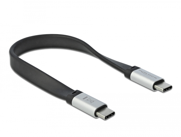 USB 3.2 Gen 2 FPC Flachbandkabel USB Type-C™ an USB Type-C™ PD 3 A E-Marker, schwarz/silber, 0,22 m, Delock® [85926]