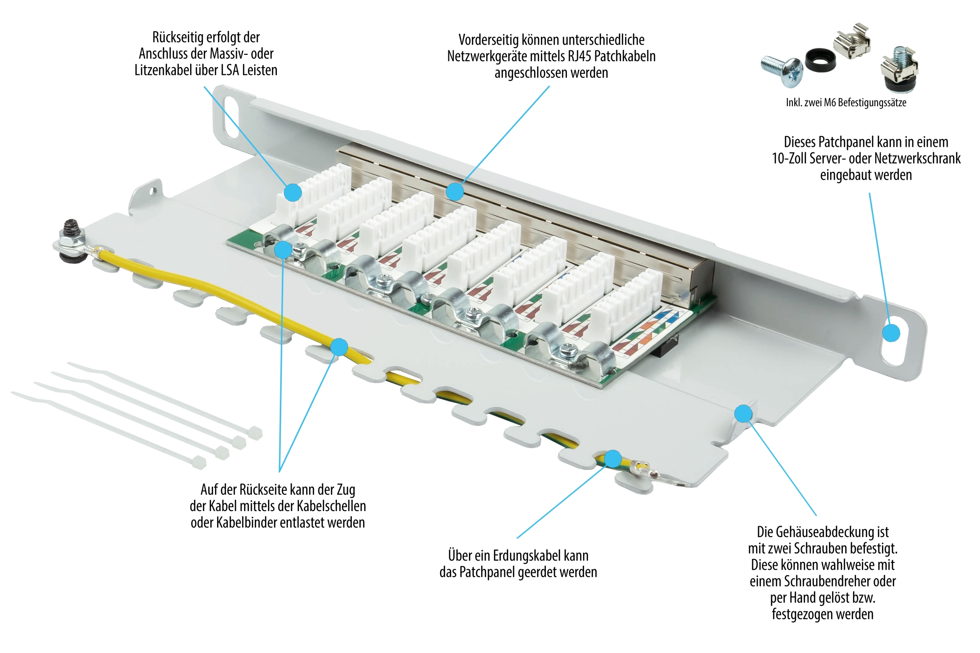Patchpanel 10" Cat. 6, 8-Port, 0,5 HE, STP geschirmt, werkzeugloses Öffnen, Lichtgrau (RAL7035), Good Connections®