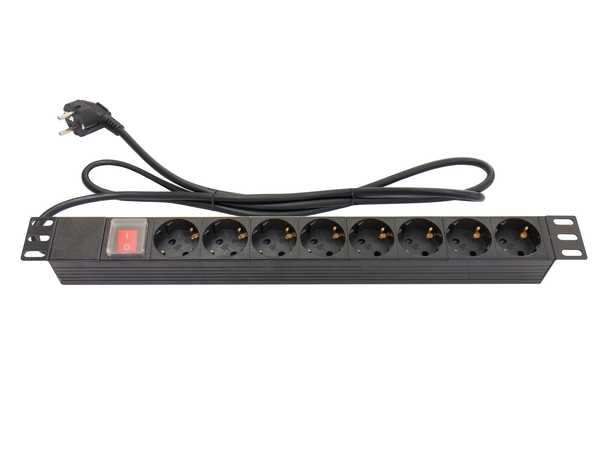 19" PDU Steckdosenleiste, 1HE, Schutzkontakt-Stecker an 8x Schutzkontakt-Buchse, Schalter, Kunststoffprofil, schwarz, Good Connections®