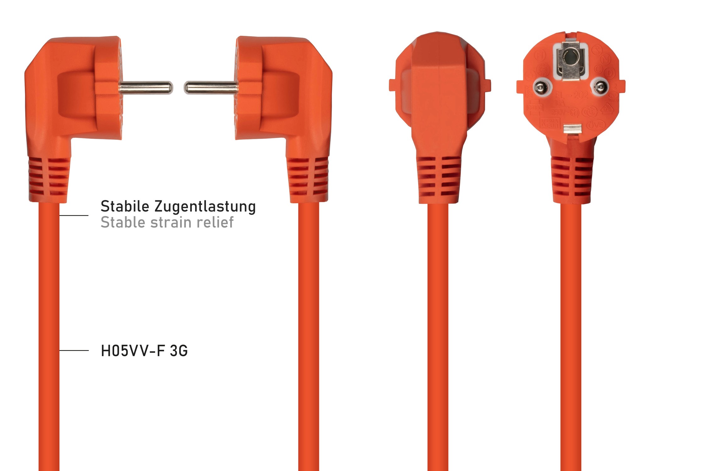 kabelmeister® Netzkabel Schutzkontakt-Stecker Typ E+F (90° gew.) an Kaltgeräte-Buchse C13, orange, 0,75mm², 1,8m