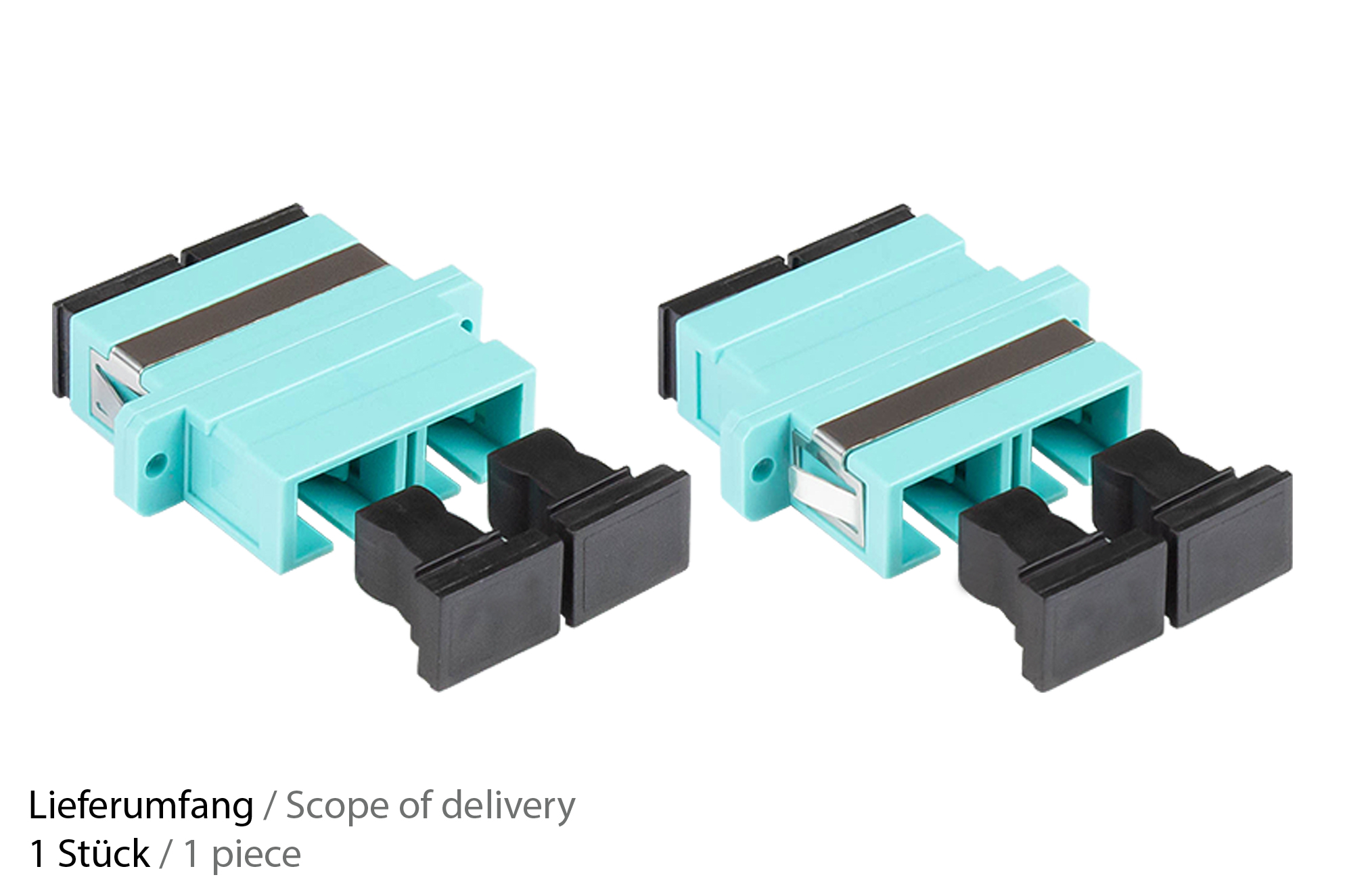 LWL Duplex Kupplung, SC (UPC) an SC (UPC), OM3, Multimode, Kunststoffgehäuse mit Flansch, Keramikhülse, aqua, Good Connections®