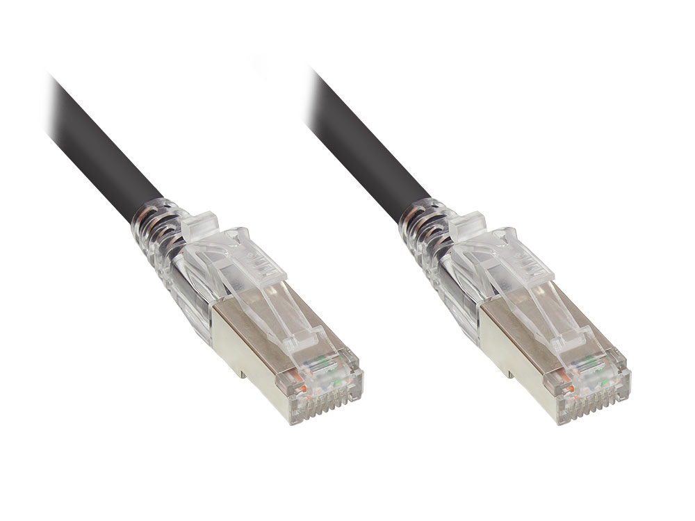 RNS® patch cable with latch protection and locking device, Cat. 6A, S/FTP, PiMF, halogen-free, 500MHz, black, 2m, Good Connections®
