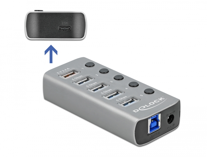 USB 3.2 Gen 1 Hub mit 4 Ports + 1 Schnellladeport + 1 USB-C™ PD 3.0 Port mit Schalter und Beleuchtung, Delock® [63263]