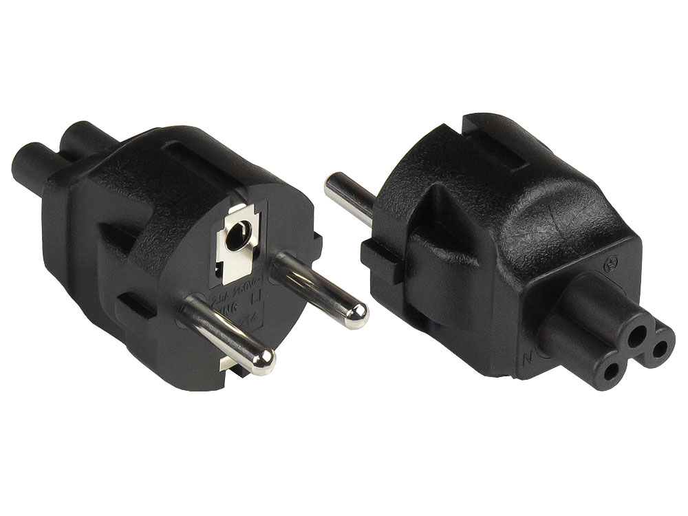 Stromadapter Schutzkontakt-Stecker Typ E+F (CEE 7/7, gerade) an Kleeblatt-Buchse C5 (gerade), schwarz, Good Connections®