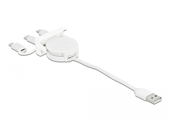 Easy 45 Modul USB 2.0 3 in 1 Aufrollkabel USB Typ-A zu USB-C™, Micro USB und Lightning weiß, Delock® [81375]