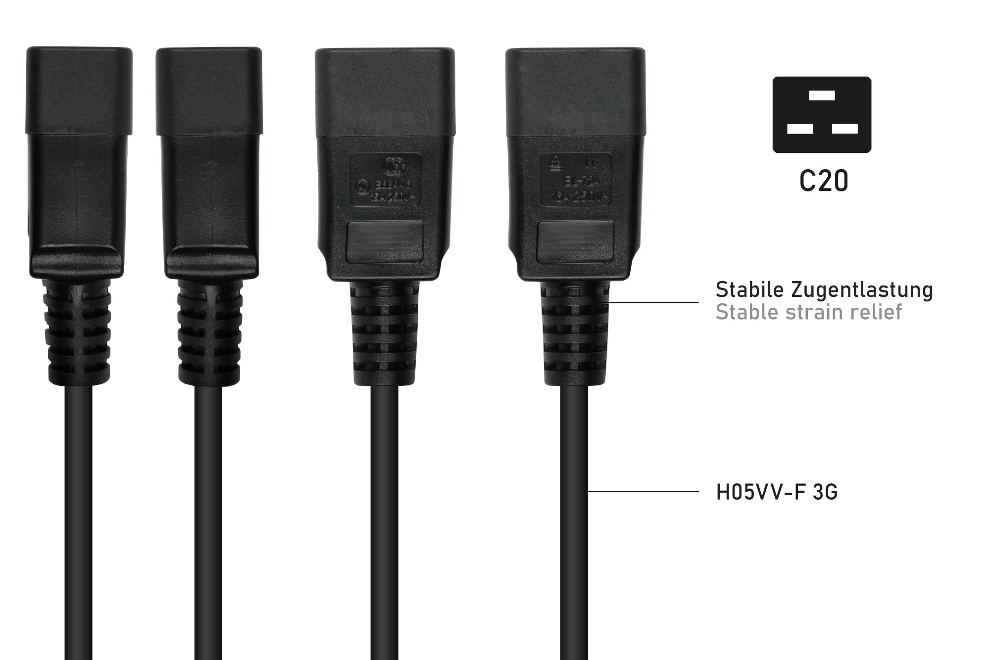 kabelmeister® Kaltgeräteverlängerung Kaltgeräte-Stecker C20 an Kaltgeräte-Buchse C13, schwarz, 1,00mm², 1m