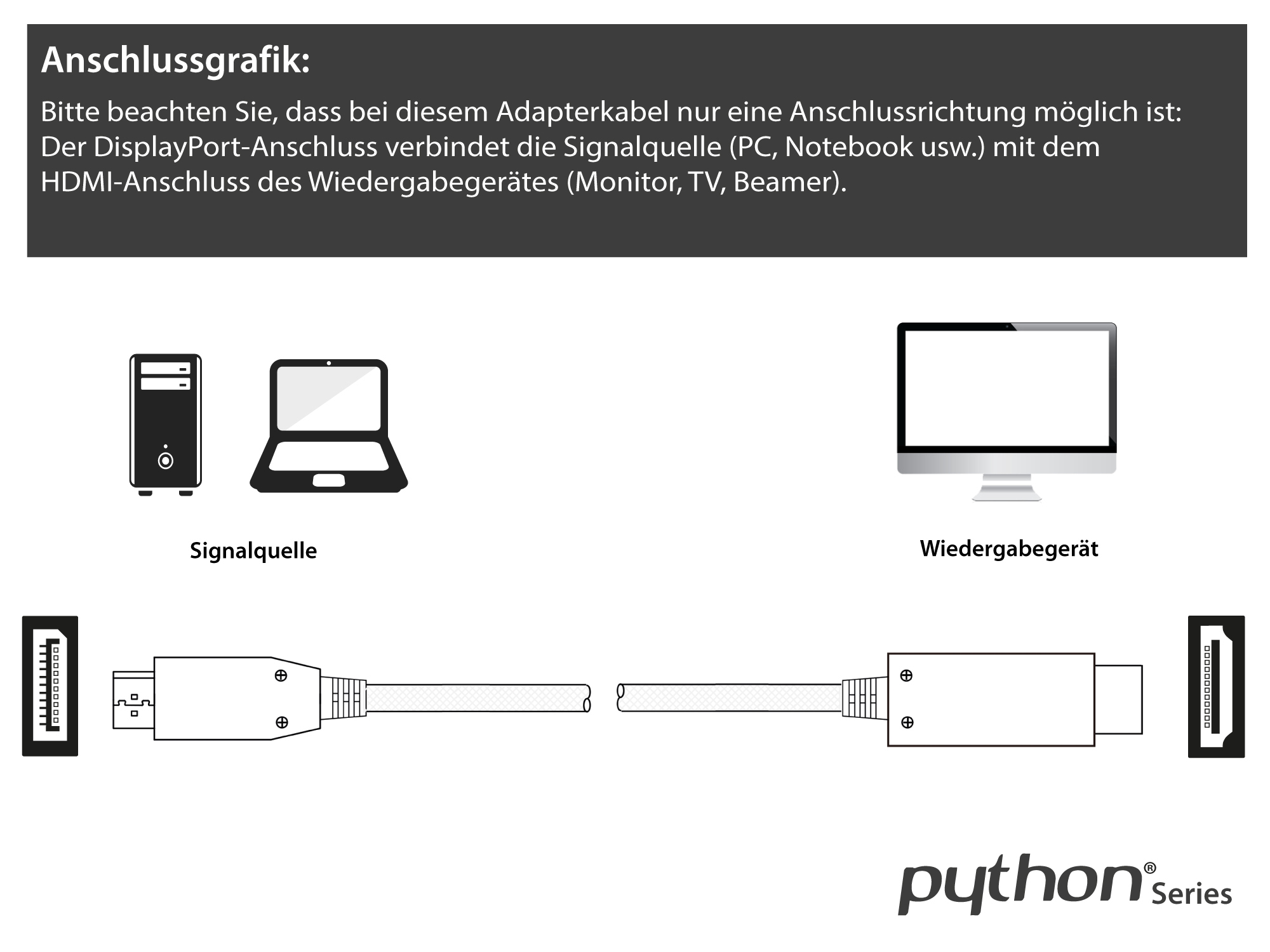 Anschlusskabel DisplayPort 1.4 an HDMI 2.0, 4K / UHD @60Hz, Vollmetallstecker, vergoldete Kontakte, OFC, Nylongeflecht weiß, 3m, PYTHON® Series