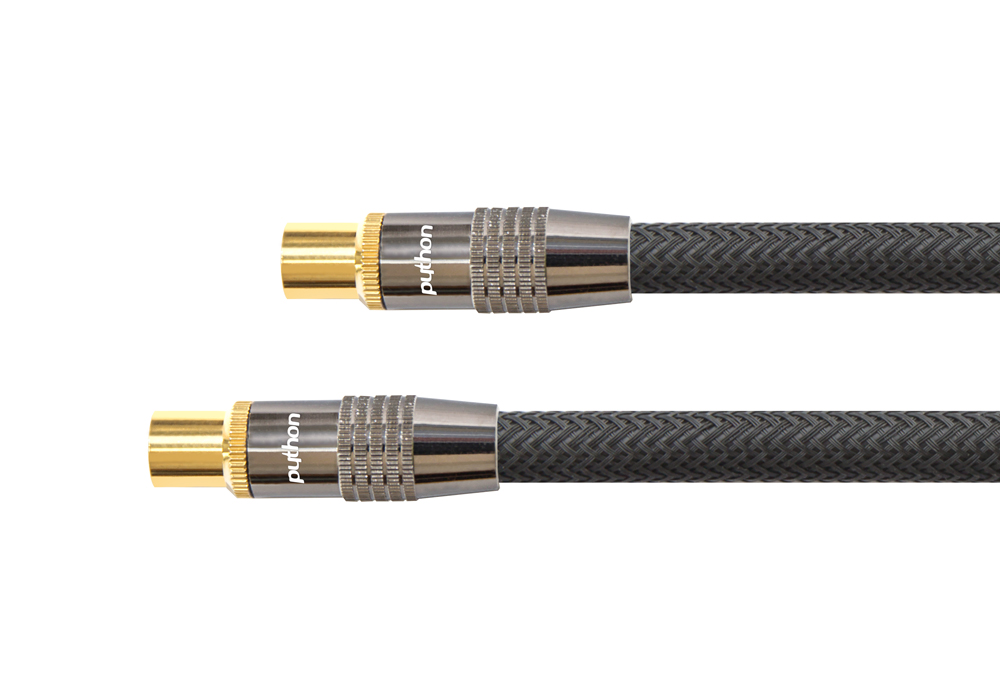 TV Antennenkabel, IEC/Koax Stecker an Buchse, vergoldet, vierfach geschirmt, 120 dB, 75 Ohm, Nylongeflecht, schwarz, 1m, PYTHON® Series