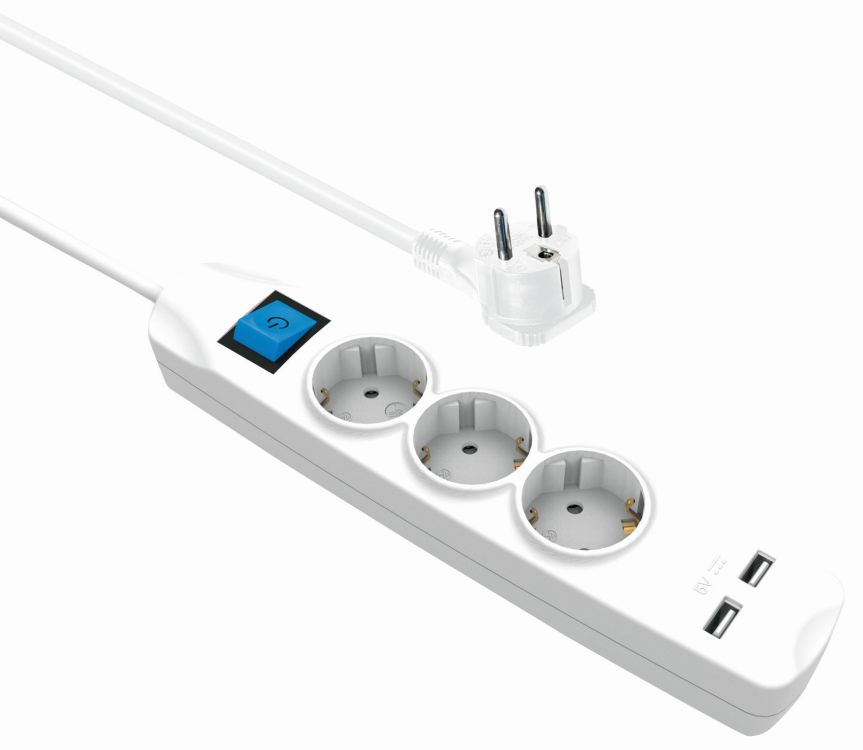 Steckdosenleiste 3-fach + 2x USB (2,1A), mit Schalter, flachen Schutzkontaktstecker, Berührungsschutz, weiß, 5m